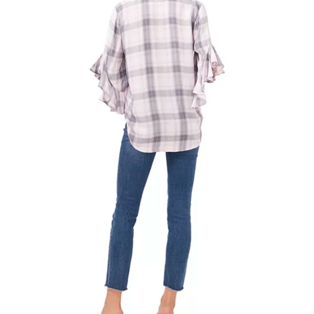 Vince Camuto Plaid Print Ruffle Sleeve Henley Top - Picture 2 of 5